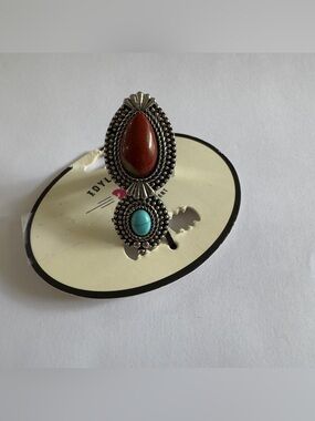 One Size Idyllwind Red and Turquoise Oval Two-Stone Statement Ring